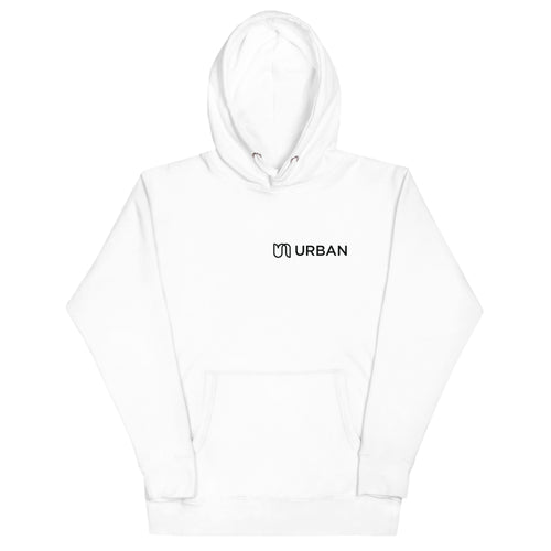 White Hoodie - Front Printed Small Urban Logo in Black - Unisex